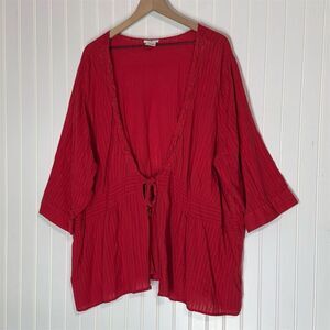 Ellos Red Boho Tie Front Tunic Top Plus Size 30W Cotton Gauze Blouse Flowy